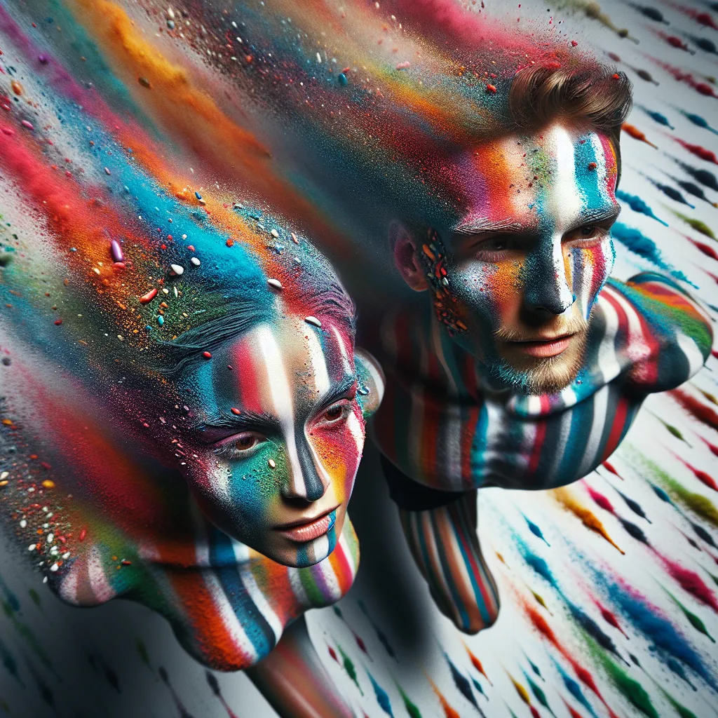 Prompt: Man and woman with multi-colored faces stand next to each other, the colors run vertically across the face in narrow stripes, dripping and running drops of color over the entire face and upper body, full-body portrait from above, they run, behind them the colors dissolve into small colored clouds of dust , between the color stripes there are white color stripes,