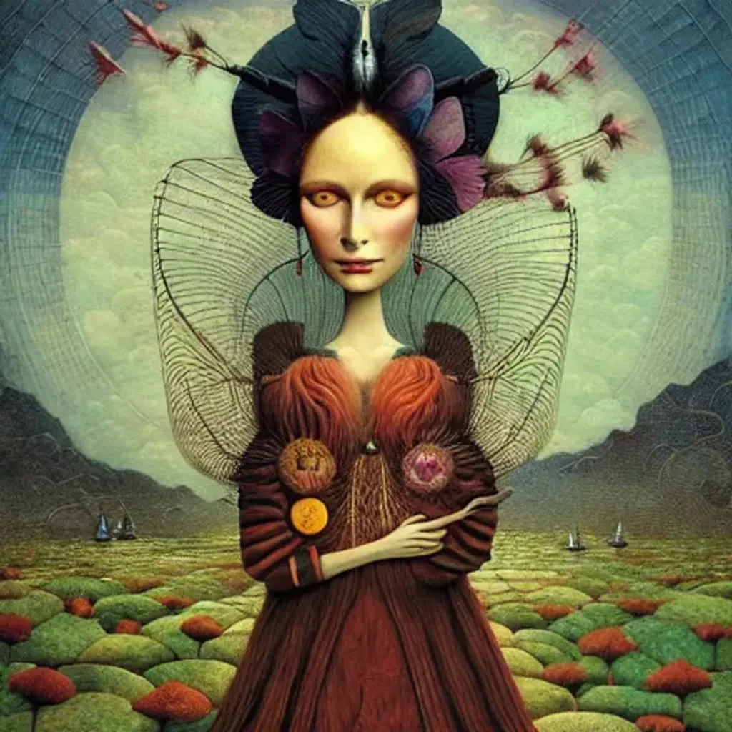 Prompt: Peruvian arpillera Oxana dobrovolska victo ngai henry rousseau Vladimir kush peregrine heathcoate catrin welz-stein Andrea kurti Andrea kowch 