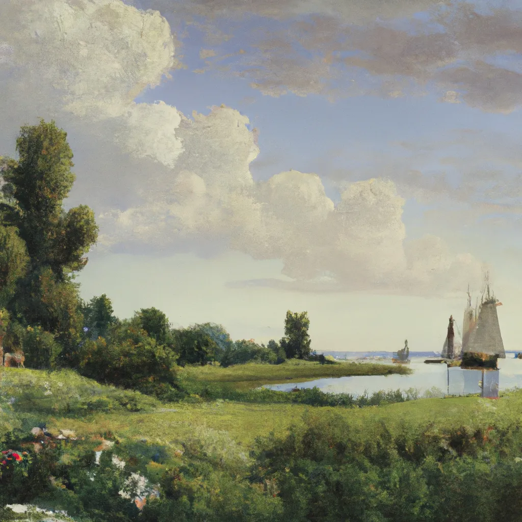 Prompt: Beautiful Dutch landscape with brilliant spaces of farmers, coastal view with sailboats, dutch sky, green flowers meadow,, by Albert Bierstadt, Artstation, by Ivan Shishkin, Canvas, Cool Color Palette, insanely detailed and intricate, hypermaximalist, elegant, ornate, hyper realistic, super detailed