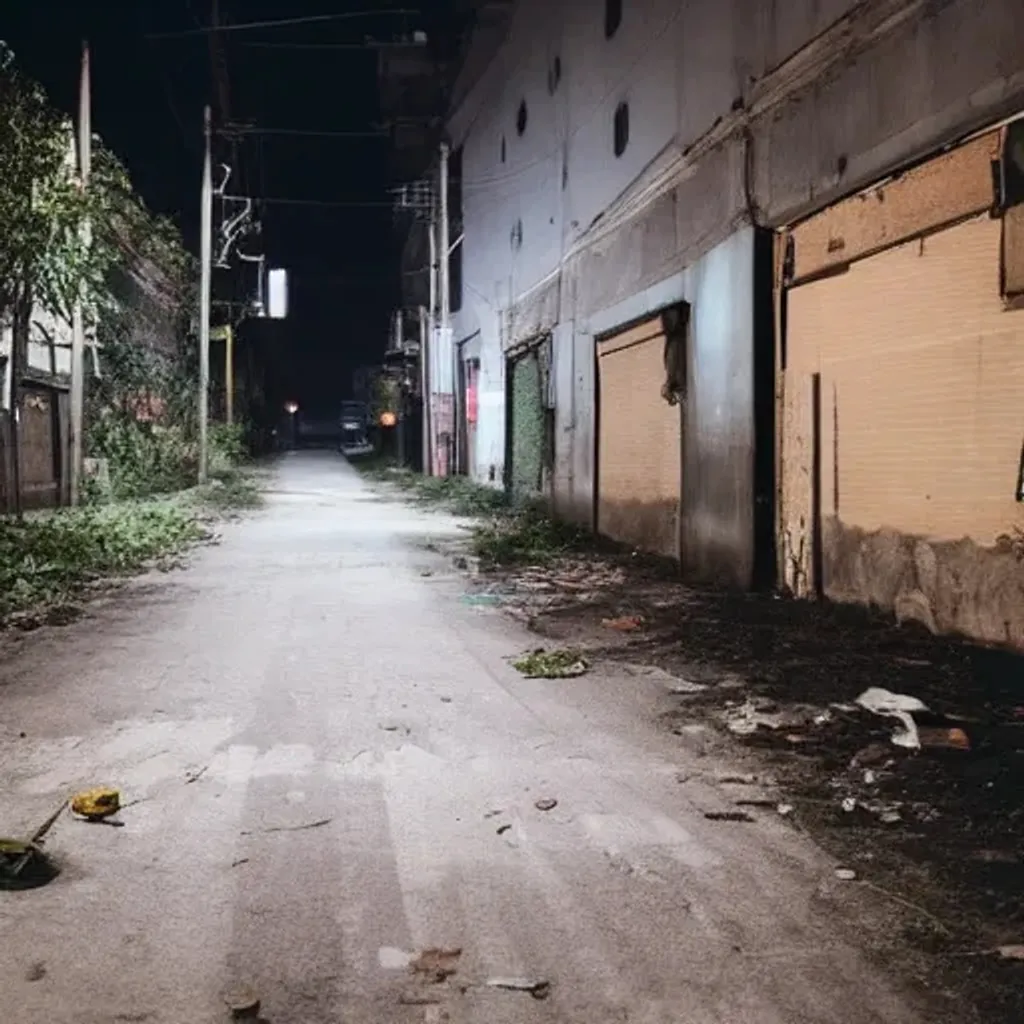 Prompt: abandoned korean street at night, creepy people standing, garbage on ground