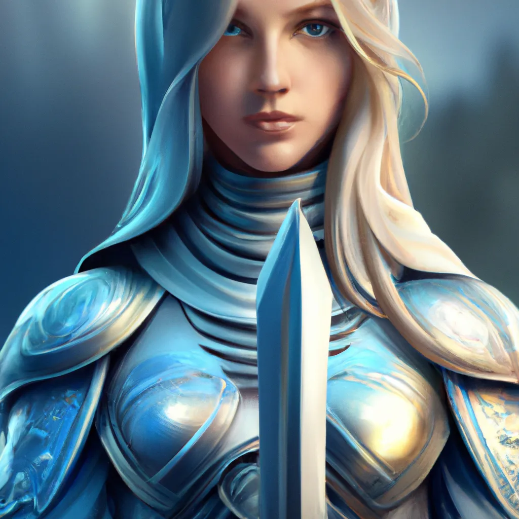 Prompt: portrait of a girl with long blond hair and blue eyes, ornate intricate silver battle armor, long blue mantel, intricate, elegant, highly detailed, digital painting, artstation, concept art, smooth, sharp focus, illustration