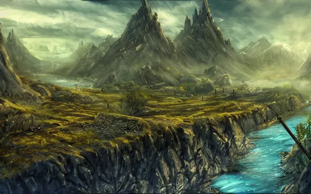 Prompt: landscape, video games, elder scrolls, morrowind, blades, swords, fantasy, dragons, mountains, fields, trees, retro, tall trees, river, water, color blue, color green, ariel view, blue sky, bright blue, bright green, battle, warriors, mages, wizards, witches, orcs, trolls, fantasy city in the distance, day time, bright, 80s dark fantasy film, 80s dark medieval film, 80s fantasy film, 80s medieval film, fantasy village, fantasy castle, fantasy stronghold, fantasy city, fantasy video game, townsfolk, dragons, tamriel, fantasy buildings, defined fantasy city, elder scrolls city, vvardenfell, volcano, red mountain, balmora, sedya neen, caldera, netch, bull netch, vivec, ebonheart, Hlaalu, Telvanni, Redoran, mournhold, cliff racer