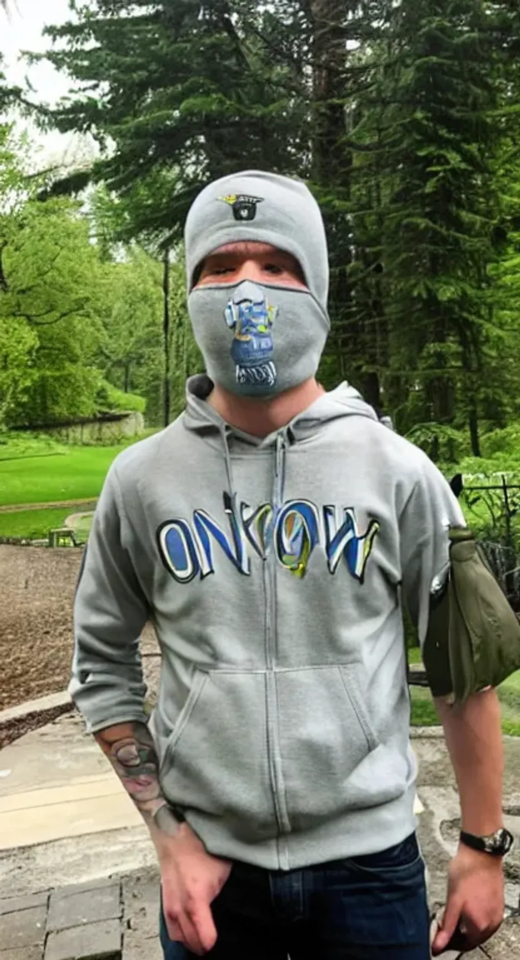 Prompt: CEO of oniontown in his ski mask in oniontown New York chilling with Jim bob 