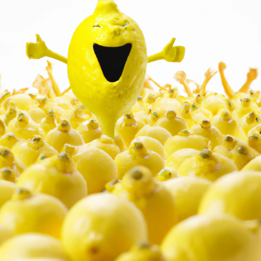 Prompt: 3-D, Photo-Realistic, Laughing Giant Lemon surround by huge crowd of cheering lemon admirers
