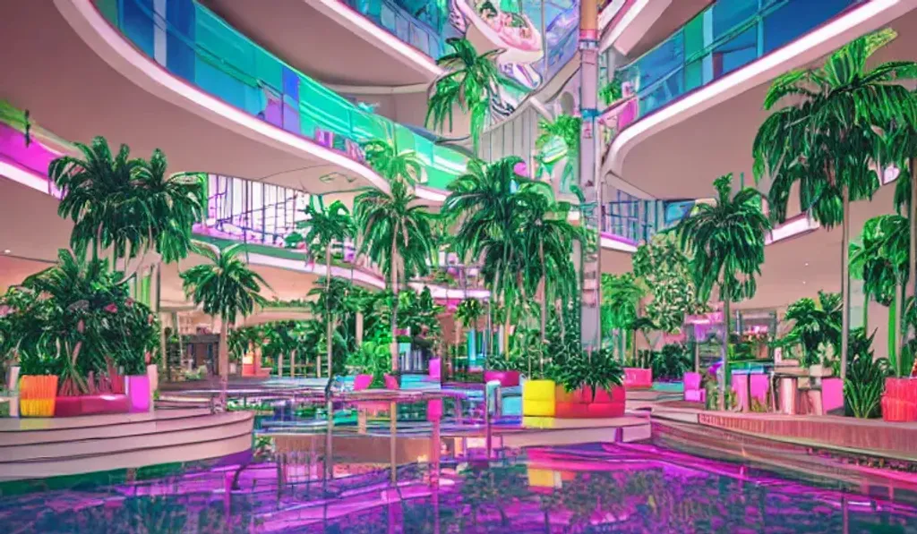 Prompt: multi story vaporwave aesthetic indoor liminal 90s mall with lazy river, columns, checkered floor tiles, palm trees, neon lights, Wide angle shot, 4k octane render, Fuji film, intricate detail, photoreal, cinematic, sublime atmosphere, at night time, colored lighting