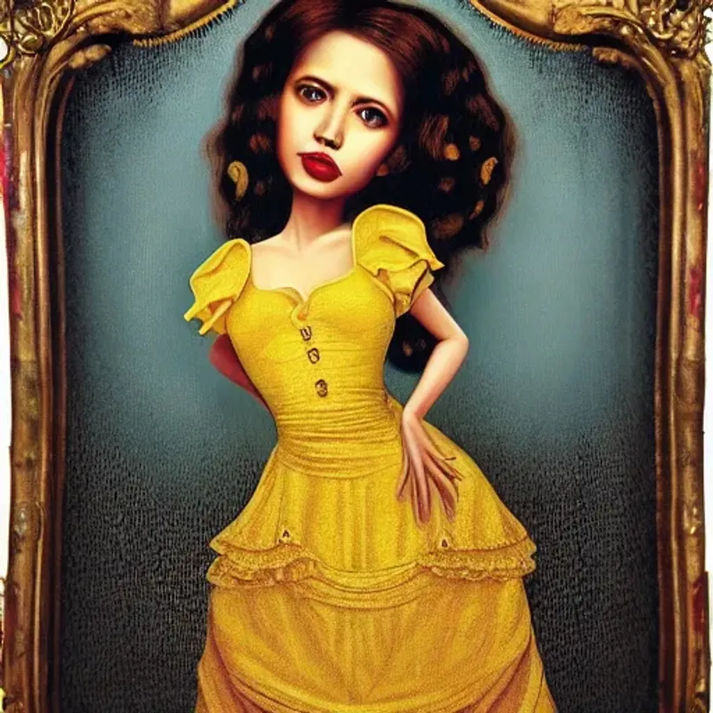 Prompt: The Spanish bride in a yellow dress, by Samuel Adoquve Beautiful, salsa, samba, mambo,  intricate. realistic. voluminous, harmonious, bold. studio lighting. stylized, meaningful, eye-catching. symbolic. high-fidelity by Mark Ryden  