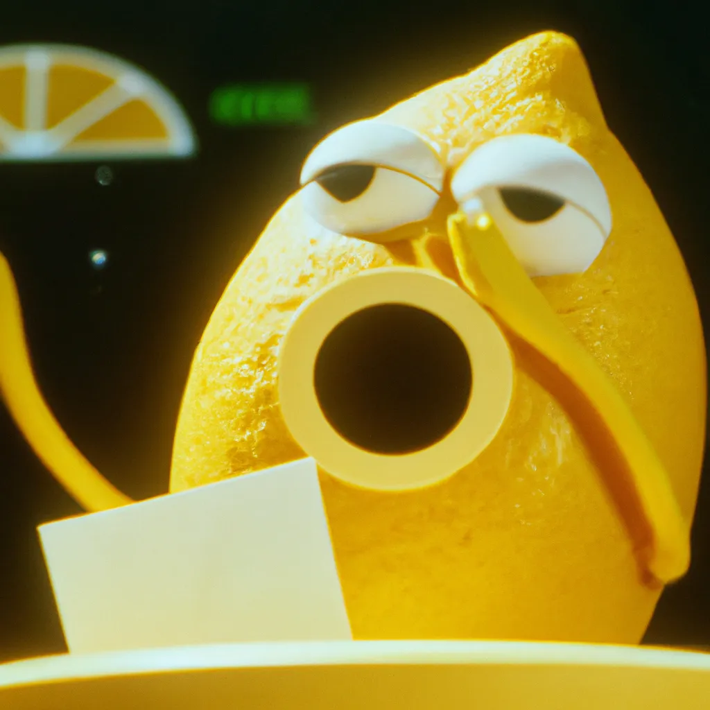 Prompt: film still of a cute lemon character, from sesame street