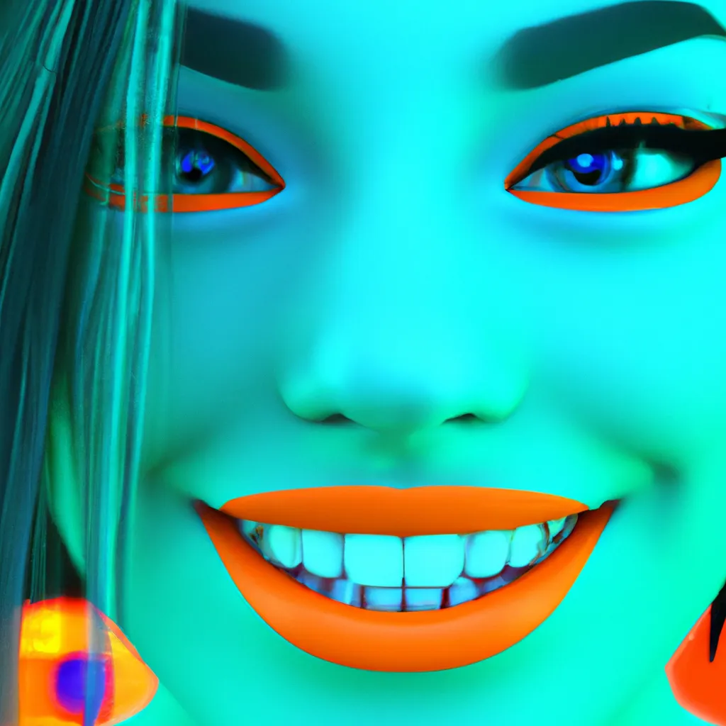 Prompt: cyberpop, nina kraviz, orange lights, ultra realistic, 4k detail, face recognizably human, fiber optic teal hair, green lipstick, orange eyeshadow, cute teeth, nose ring