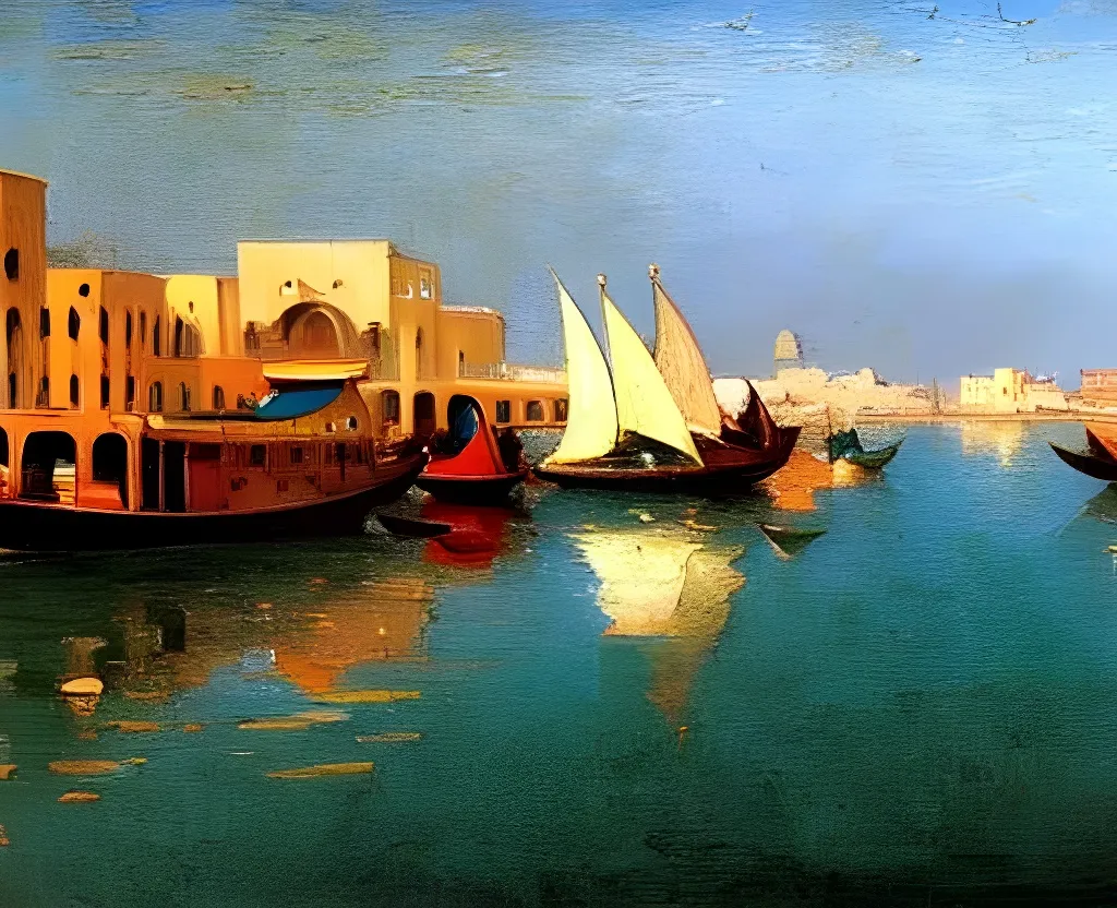 Prompt: beautiful painting of dubai creek arabian pepople crowded on small boats water ripples reflections gazing sunlight pale colour scheme edward hopper canaletto