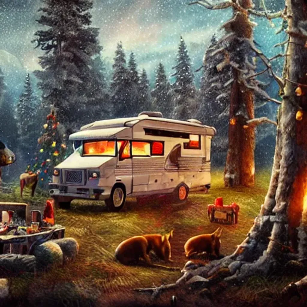 Traditional Christmas card with a motorhome in the f…
