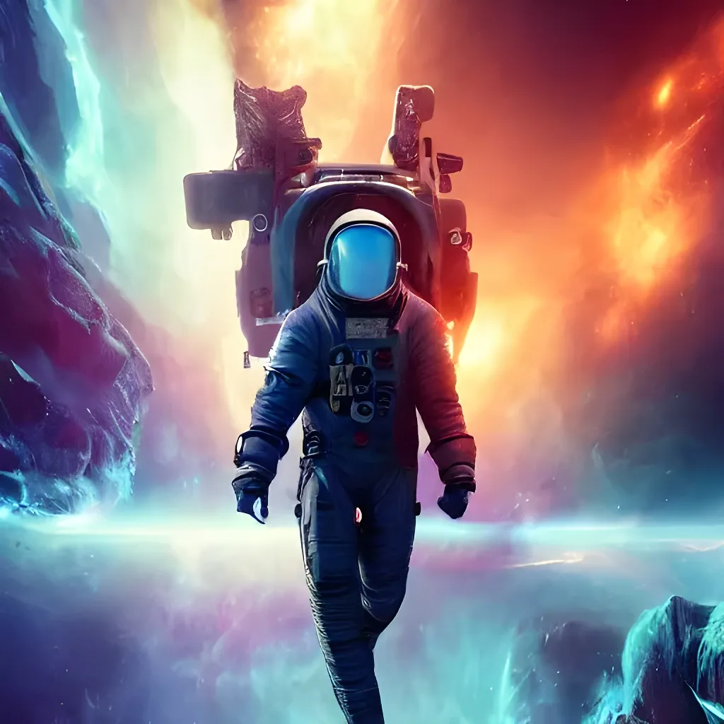 Prompt: Splash art of an astronaut floating in nebula, action shot, heroic fantasy art, special effects, 4k, sharp focus, intricate detail, hd octane render, outer space, outer space, outer space, A sci-fi scene by Jim Burns