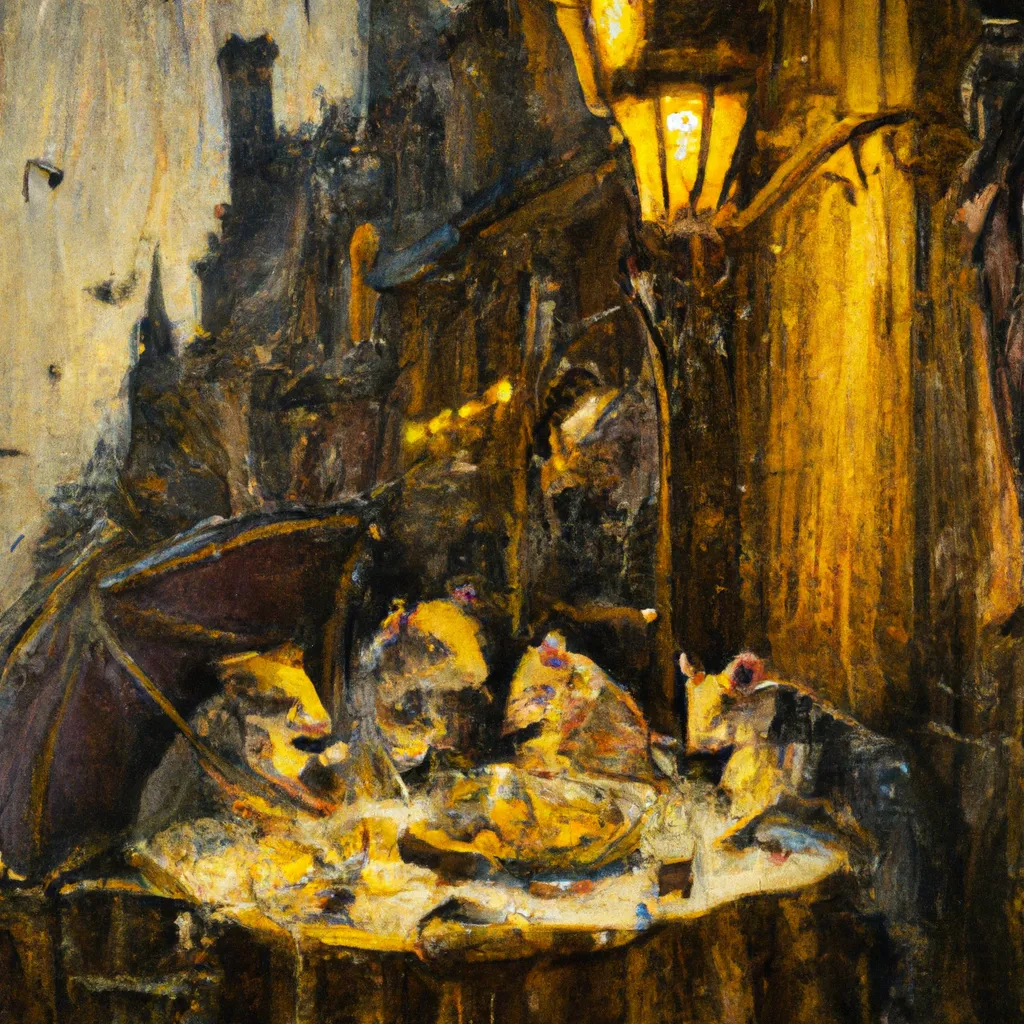 Prompt: 1800s painting of mice eating in a restaurant in rainy paris at night