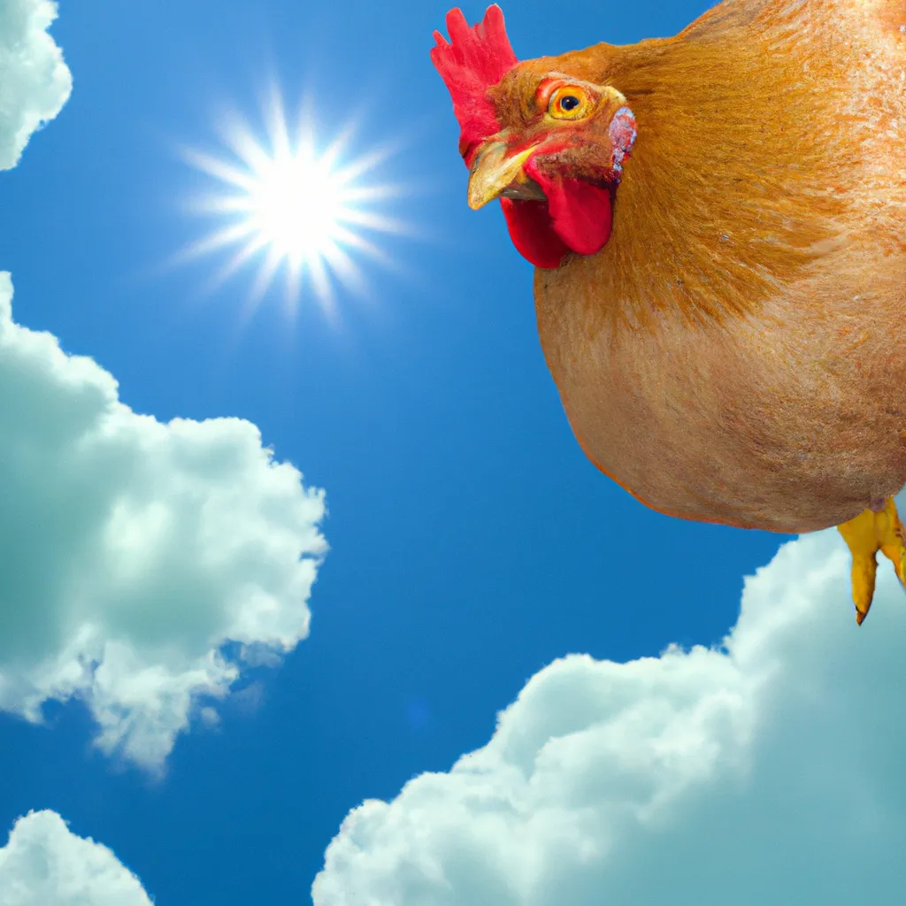 Prompt: big chicken looks down from the heavens