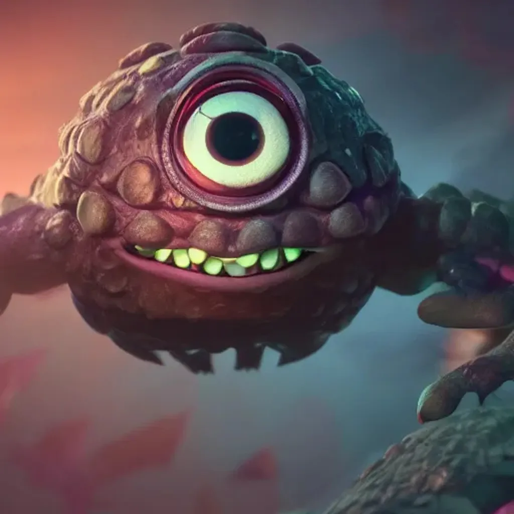 Prompt: 3d scaly dnd beholder, closeup cute and adorable, cute big circular reflective eyes, Pixar render, unreal engine cinematic smooth, cinematic