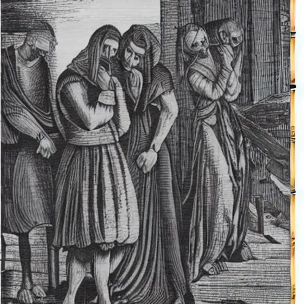 Prompt: venecian wood print medieval black and white people expressing sorrow
