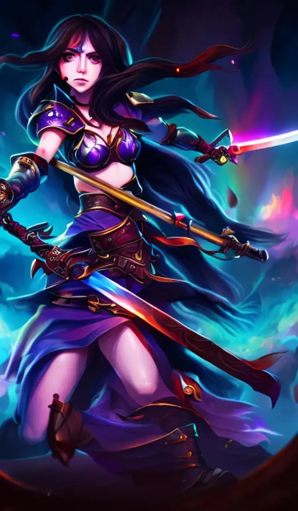 Prompt: smirking brunette bard with multicolored eyes wielding a sword, trending on arstation, dnd bard portrait, splash art, unreal engine, hdr, vivid colors