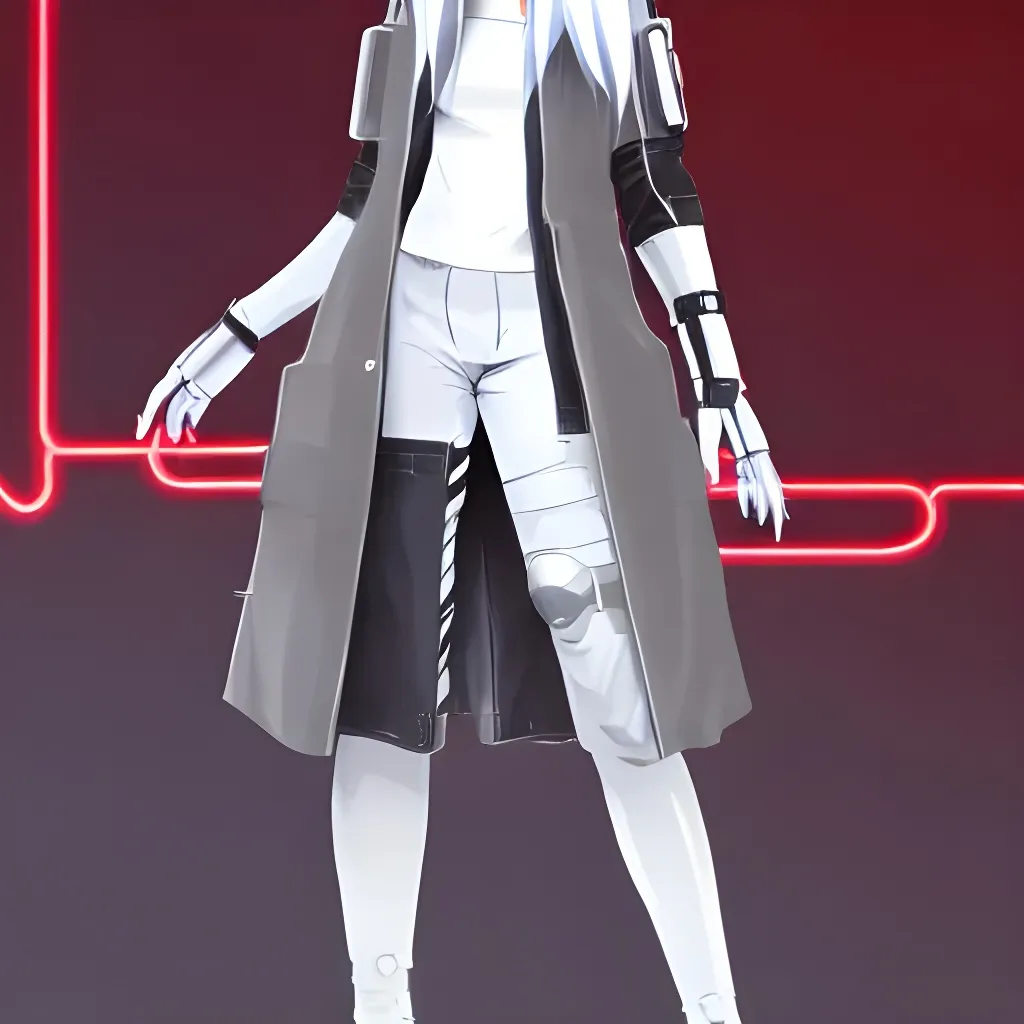 Prompt: a tall, white hair, female anime cyberpunk 2077 sniper wearing a heavy grey trench coat, character concept exploration, concept art, inspired by ergo proxy, clear outfit design, techwear, trending on artstation, clear shapes, clean lines, clean edges, half body