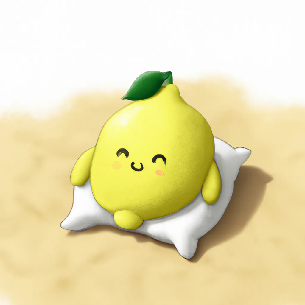 Prompt: a cute stuffed lemon pillow sitting in the sand, hyperrealistic