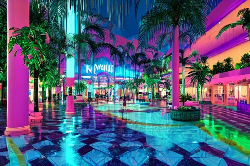 Prompt: multi story vaporwave aesthetic indoor liminal 90s mall with lazy river, columns, checkered floor tiles, palm trees, neon lights, Wide angle shot, 4k octane render, Fuji film, intricate detail, photoreal, cinematic, sublime atmosphere, at night time, colored lighting