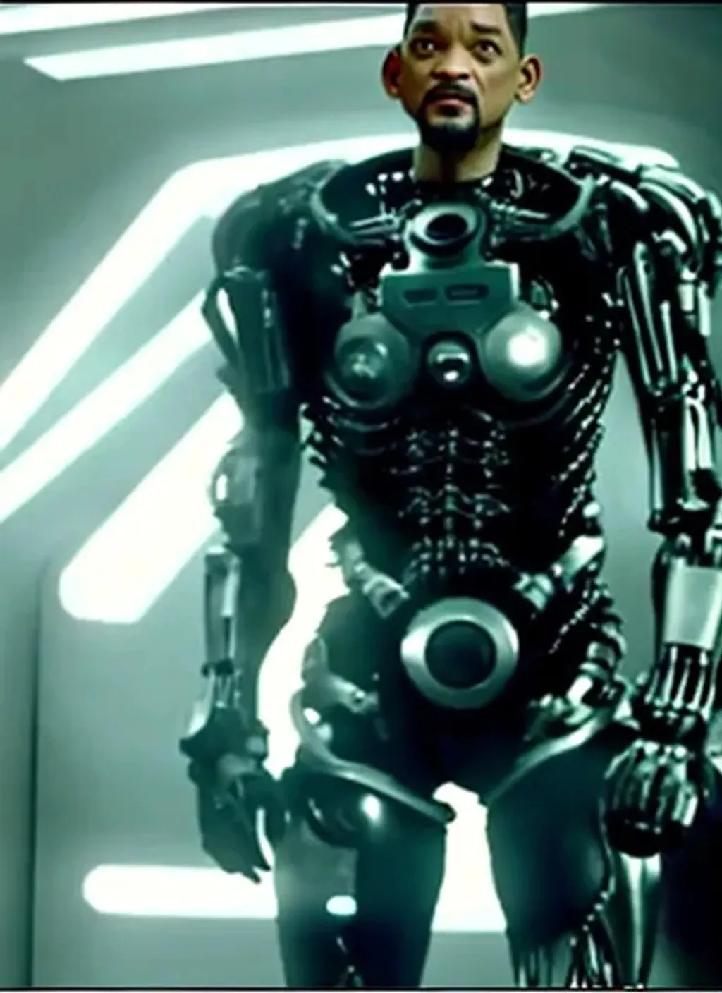 Prompt: Movie screenshot of Will Smith as a cyborg, 2010s
