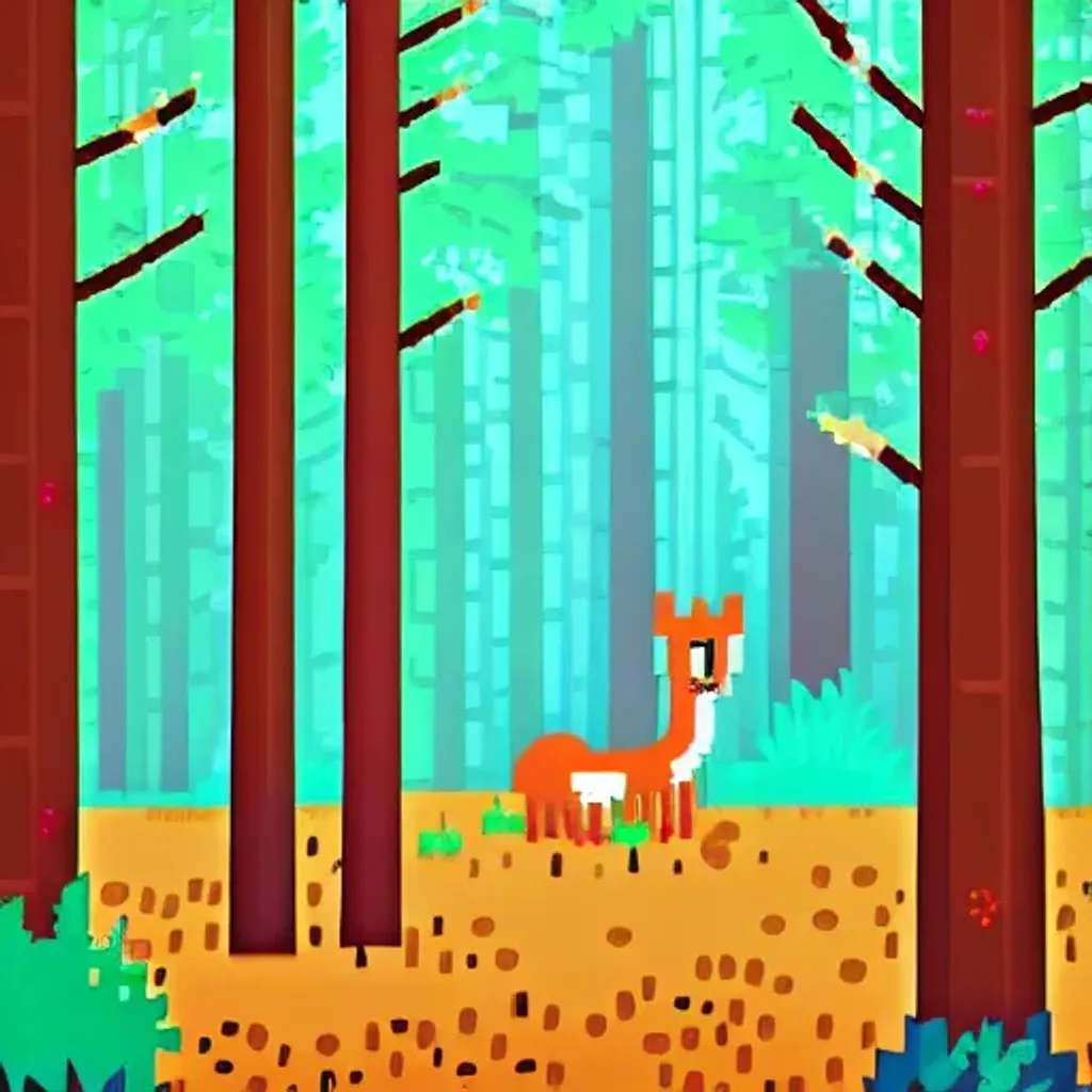 Prompt: cute forest scene, pixel art illustration, bright colors, clean lines by Matej Jan