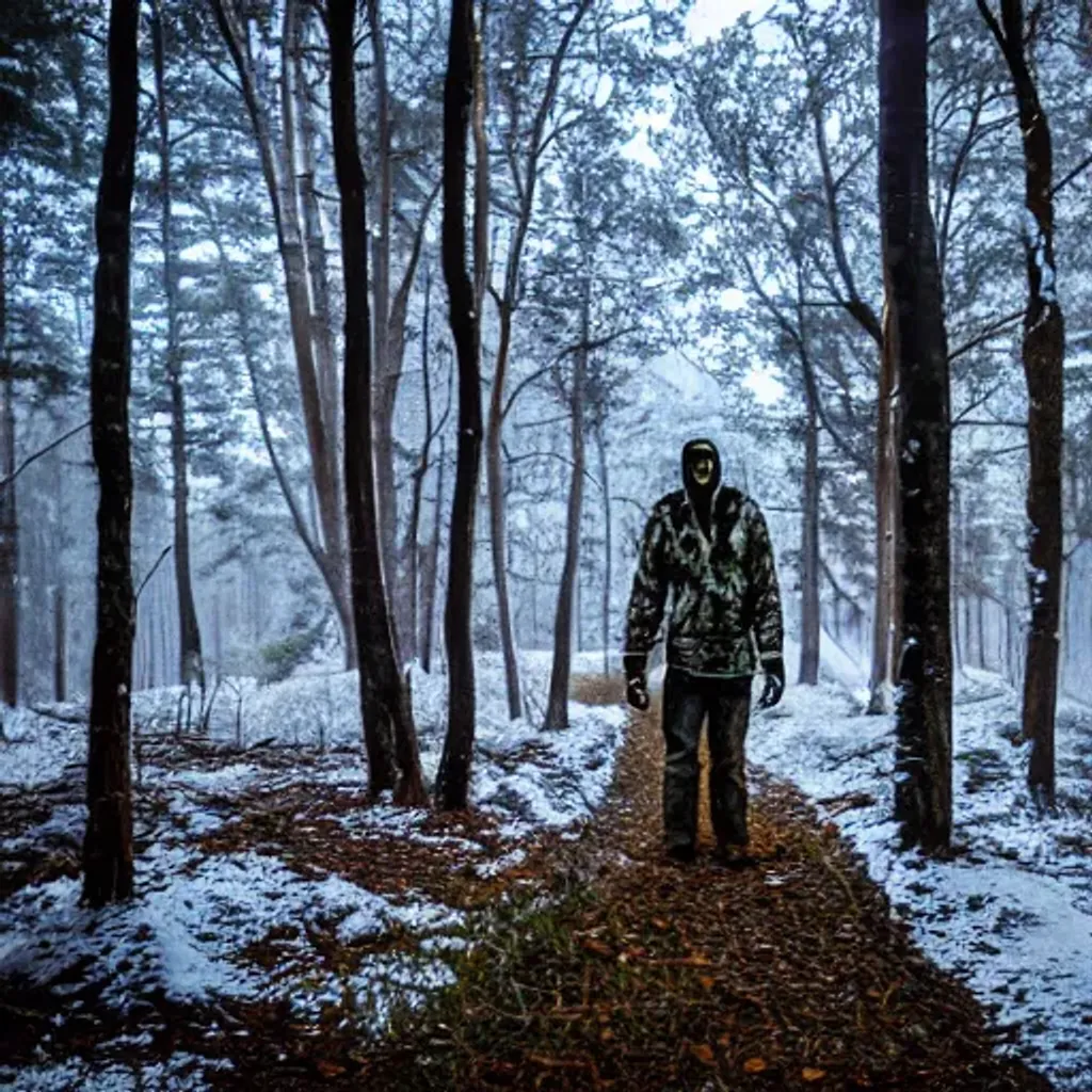 Prompt: a photo of a terrifying skinwalker, natural light, in a snowy forest