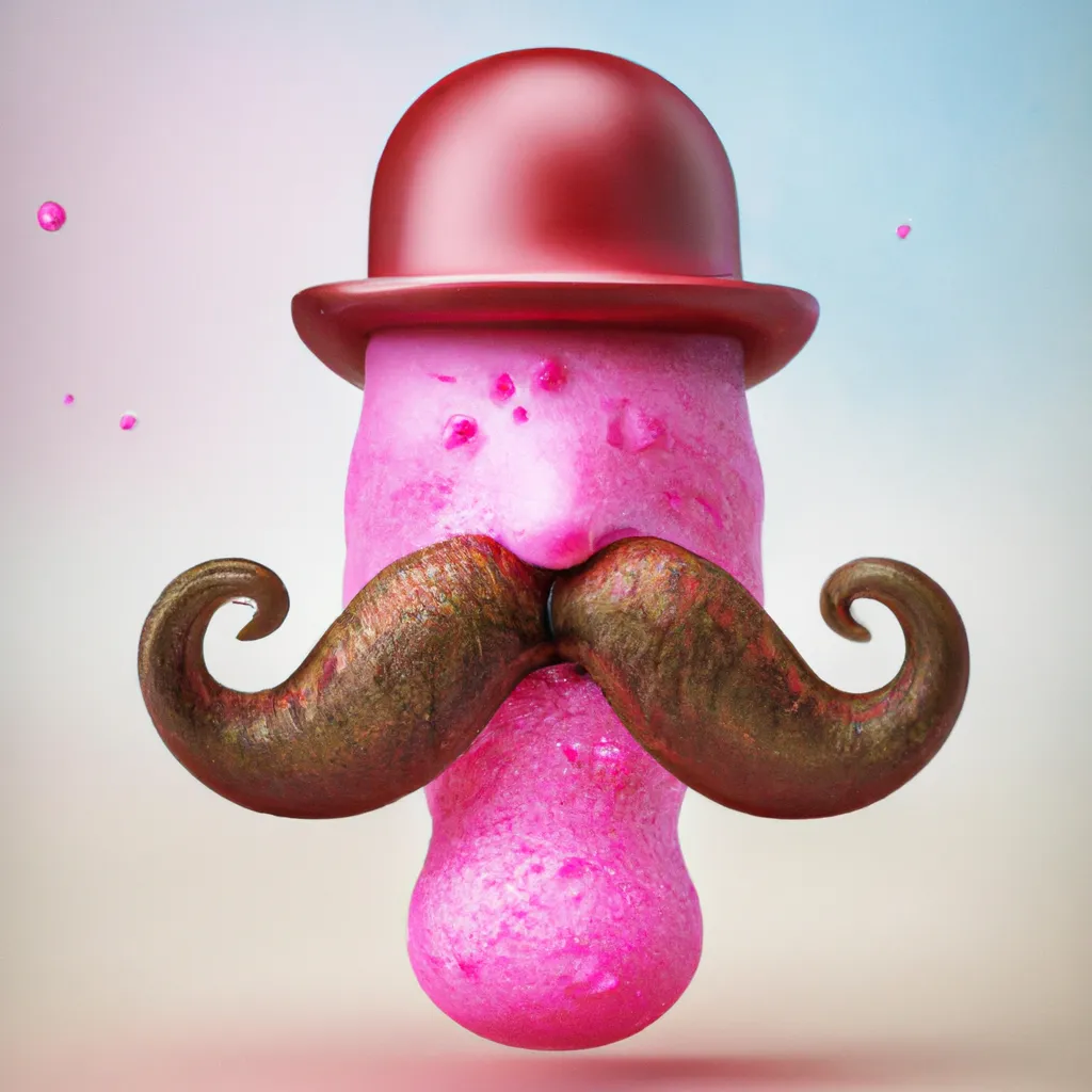 Prompt: 3d render portrait of a pink gummy bear with a mustache by rene magritte. hyper-detailed, complex, color of splashes.