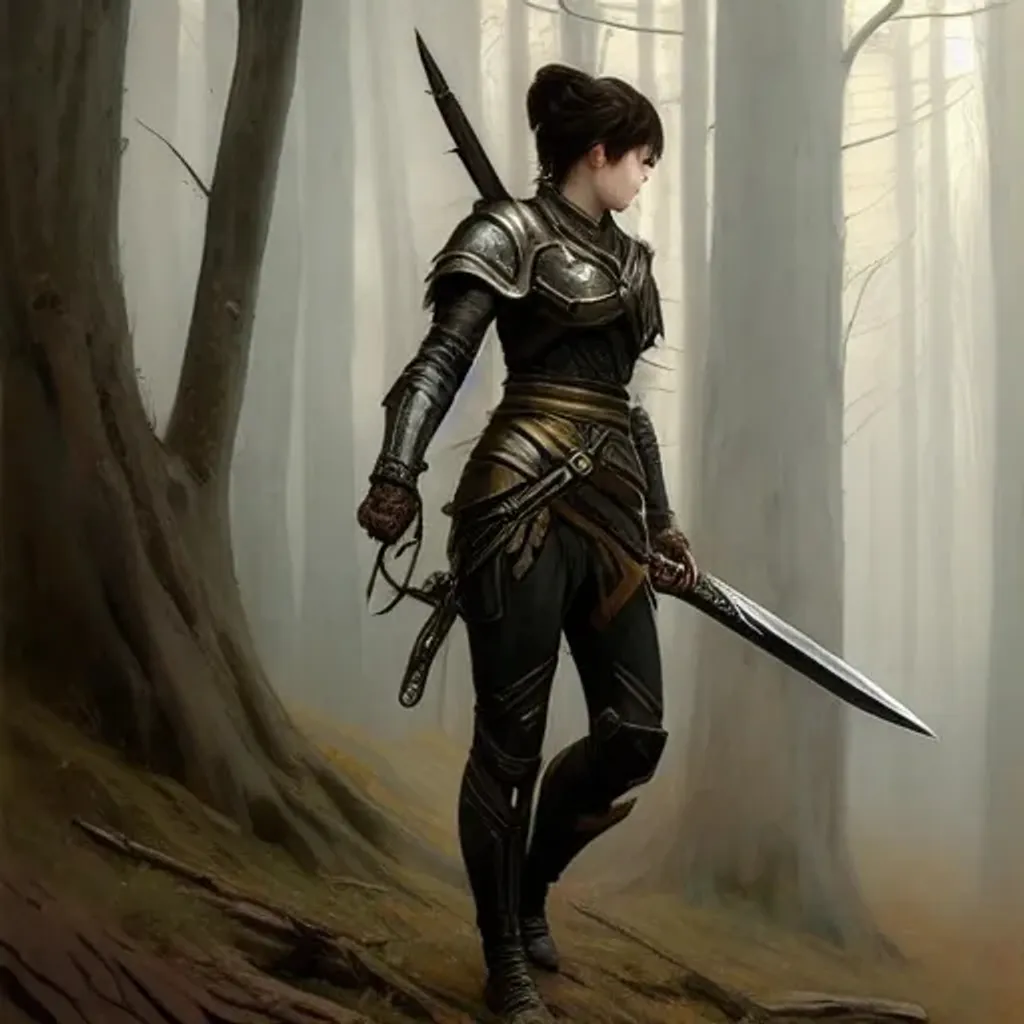 Prompt: Dark fantasy concept art. Sword master woman standing in front of gloomy woods. Young Caucasian atheltic woman with determined facial expression wearing full metal armor chest and metal pants. painting by Greg Rutkowski. sinister. gloomy mood. dark woods. DnD fantasy, Warhammer, highly detailed, art by Gustav Klimt and Range Murata and Ilya Kuvshinov and Sakimichan.