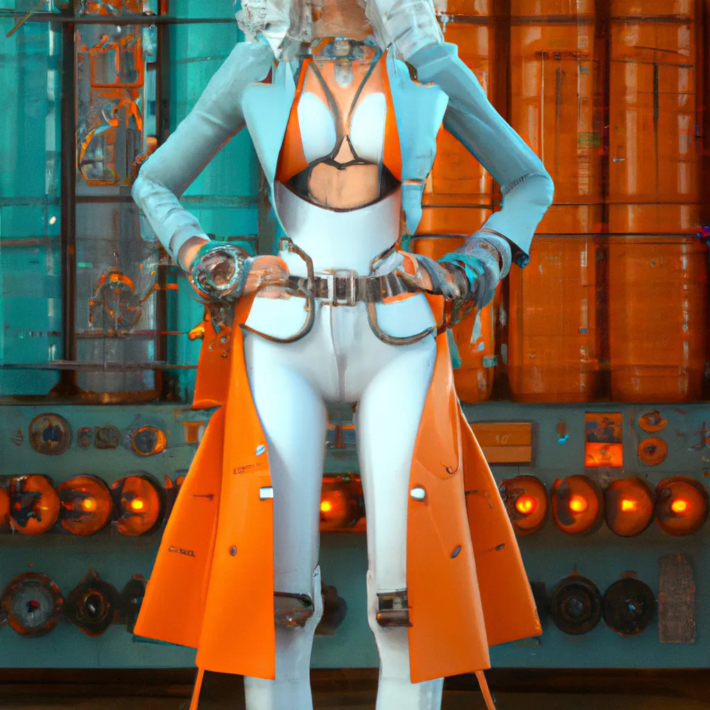 Prompt: Full body profile including face of young transgender woman with chin length wavy turquoise hair, wearing white gray and orange dieselpunk cyberpop solarpunk outfit with white cropped jacket, lots of belts on clothing, straps around thighs, smirking at camera, 16k Maya render, highly detailed, dramatic clockwork background