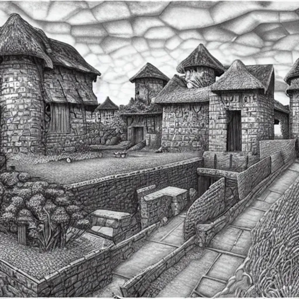 Prompt: Landscape with homes made of crystal and water, thatch roofing, large walls strong portcullis, dirt roads, statues, monochromatic red, by M.C. Escher and Noah Bradley