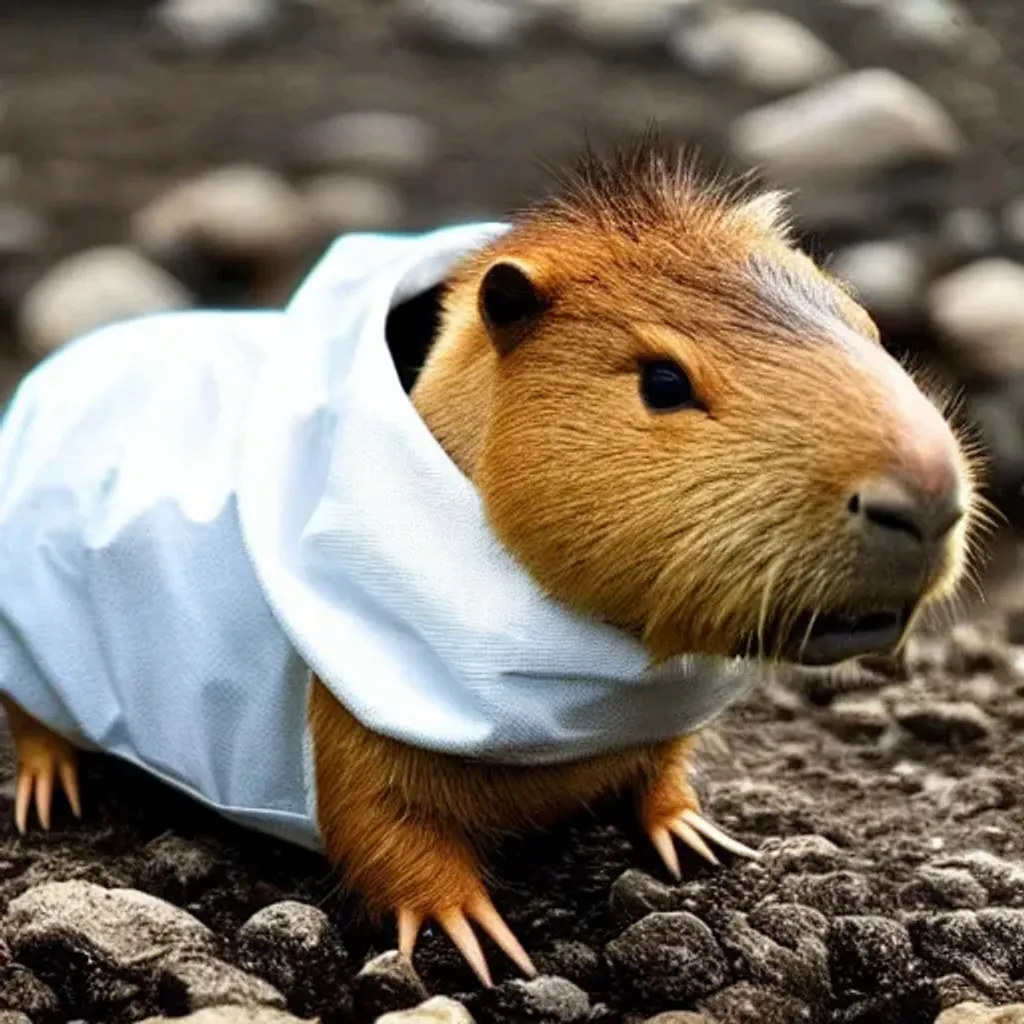 Prompt: A capybara in a hazmat suit travelling with a duckling friend through a dystopian wasteland at the end of the world.