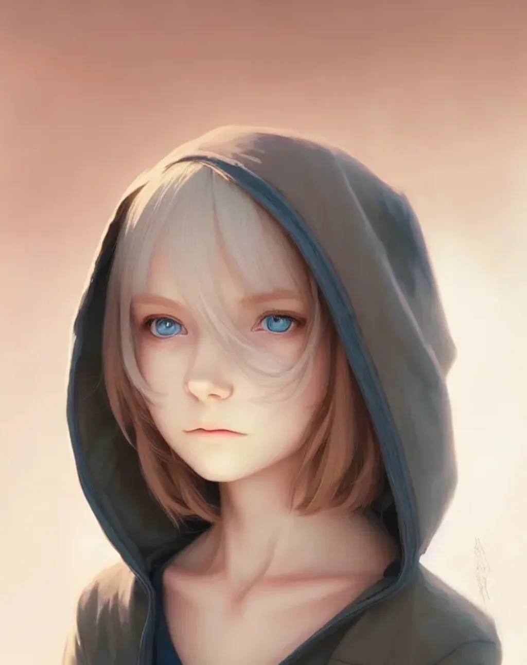 Prompt: Closeup face portrait of a hooded albino girl with brown hair, smooth soft skin, big dreamy eyes, beautiful intricate colored hair, symmetrical, anime wide eyes, soft lighting, detailed face, by makoto shinkai, stanley artgerm lau, wlop, rossdraws, concept art, digital painting, looking into camera