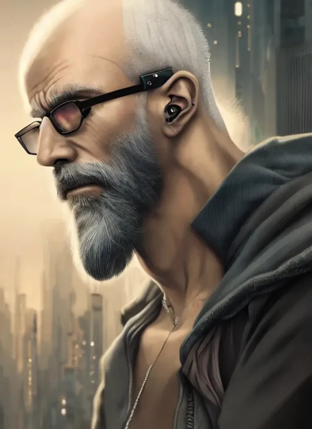 Prompt: Extremely detailed portrait of  cyberpunk old hacker with bald hair with white long beard he look's like good man, extremely detailed  cyberpunk street hyperrealistic background , 8k, high quality, concept art, trending on artstation, sharp focus, studio photo, intricate details, hyper detailed