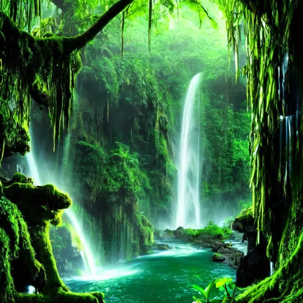 Prompt: fantasy like dimly lit twisty jungle with many waterfalls