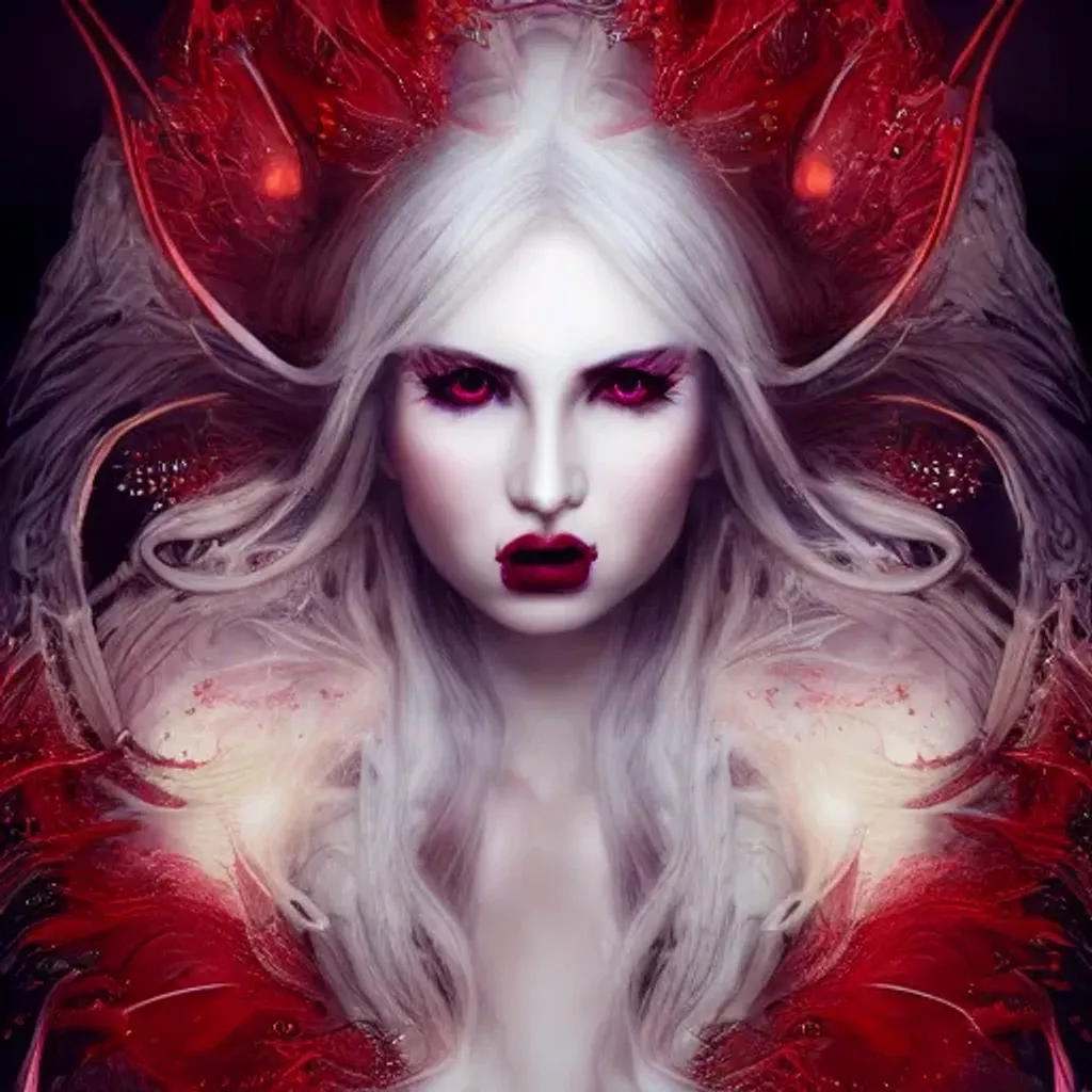 Prompt: highly detailed beautiful female demon, beautiful blonde hair, pale skin, red symmetrical eyes, glowing long tail, black wings, luminescent, otherworldly, high fantasy art, iridescent colors, ethereal aesthetic, fashion photography, intricate design, water element, detailed shiny hair, whimsical, atmospheric, dynamic lighting, 