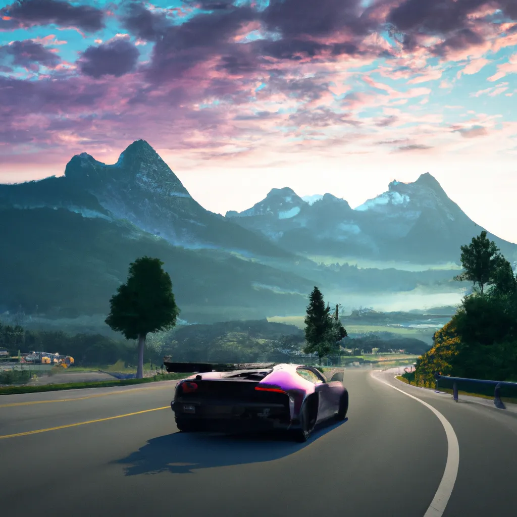 Prompt: a Lamborghini driving on the road. beautiful mountain range, early in the morning, cinematic, cirrus clouds, landscape photography. early purple sky. real photo