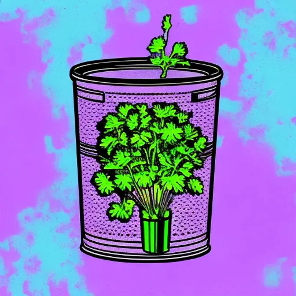 Prompt: cilantro grows in can, pop art, vaporwave style, trending on art station, Vivid colors