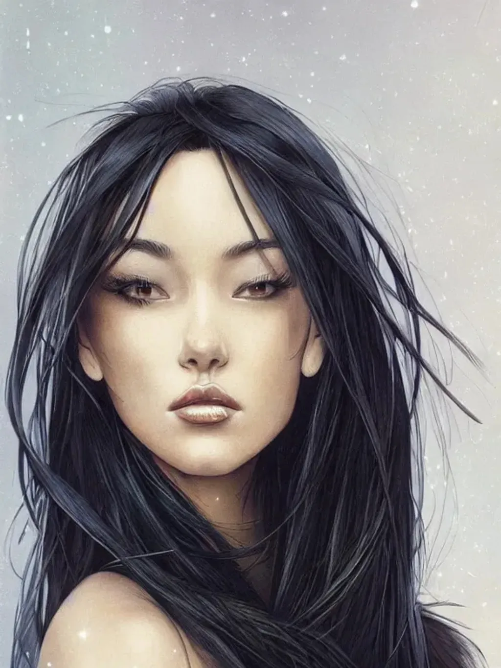 Prompt: Portrait of a gorgeous woman with short wavey black hair, dark complexion, slender, beautiful, accurately proportioned, full moon, weeping willow trees, artgerm, artstation, cgi