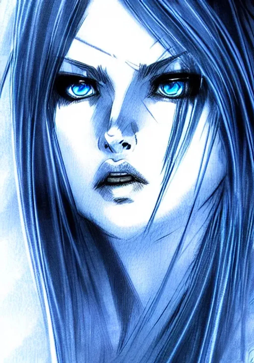 Prompt: cinematic sketch portrait beautiful female with bright blue sharp eyes, very little cleavage, long flowing mystical hairstyle, fantasy magic exploding behind her, intricate, elegant, sharp focus, illustration, highly detailed sketch, digital greyscale painting, concept art, matte, art by yoji shinkawa