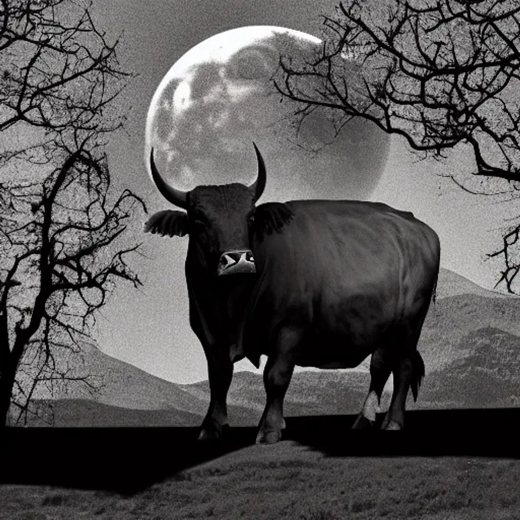 Prompt: Taurus Bull, Blood Moon. Early Morning Dimmed, Unearthly Tall Shadows. Celestial Gravitational Shift. 