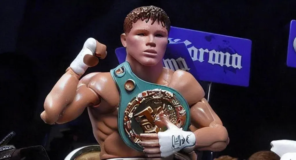 Prompt: a hot toys figure of young canelo alvarez , figurine, detailed product photo, fighting pose, detailed face, toy texture, group picture, 8k resolution, high-quality, toy arms, wrapped hands 