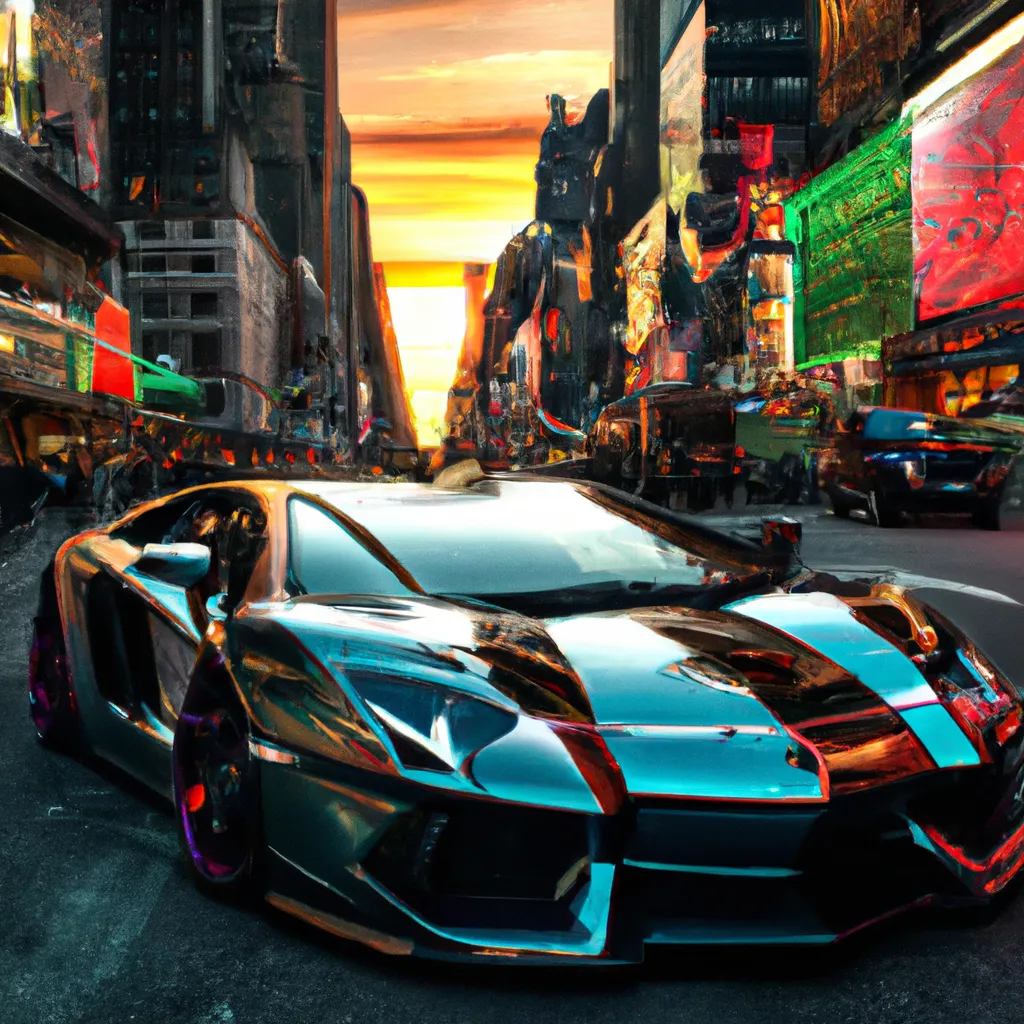 Prompt: Lamborghini Aventador with a cool paint job in Times square, Golden hour, visible sunset, cinematic, realistic
 