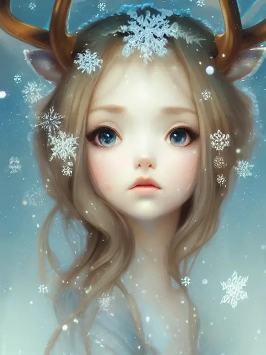 Prompt: little reindeer shy, cute kawaii girl, intricate, elegant, highly detailed, sparkling snowy, digital painting, artstation, concept art, smooth, sharp focus, illustration, art by artgerm and greg rutkowski and alphonse mucha, Gerhard Richter, Anna Dittmann, portrait 