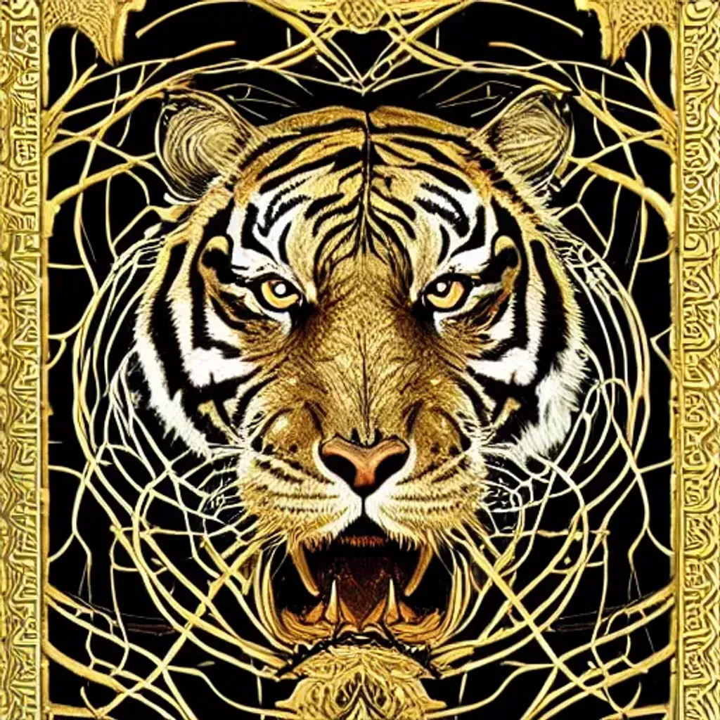 Prompt: a large gold and white tiger wrapped in vines + black paper + elements + red + gold + neon + baroque + rococo + white + orange+ ink + tarot card with ornate border frame + marc Simonetti, paul pope, peter mohrbacher, detailed, intricate ink illustration