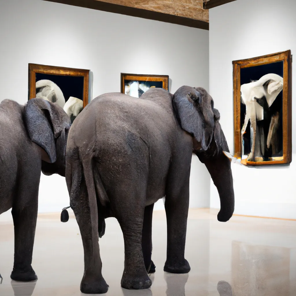 elephants looking at paintings in museum | OpenArt