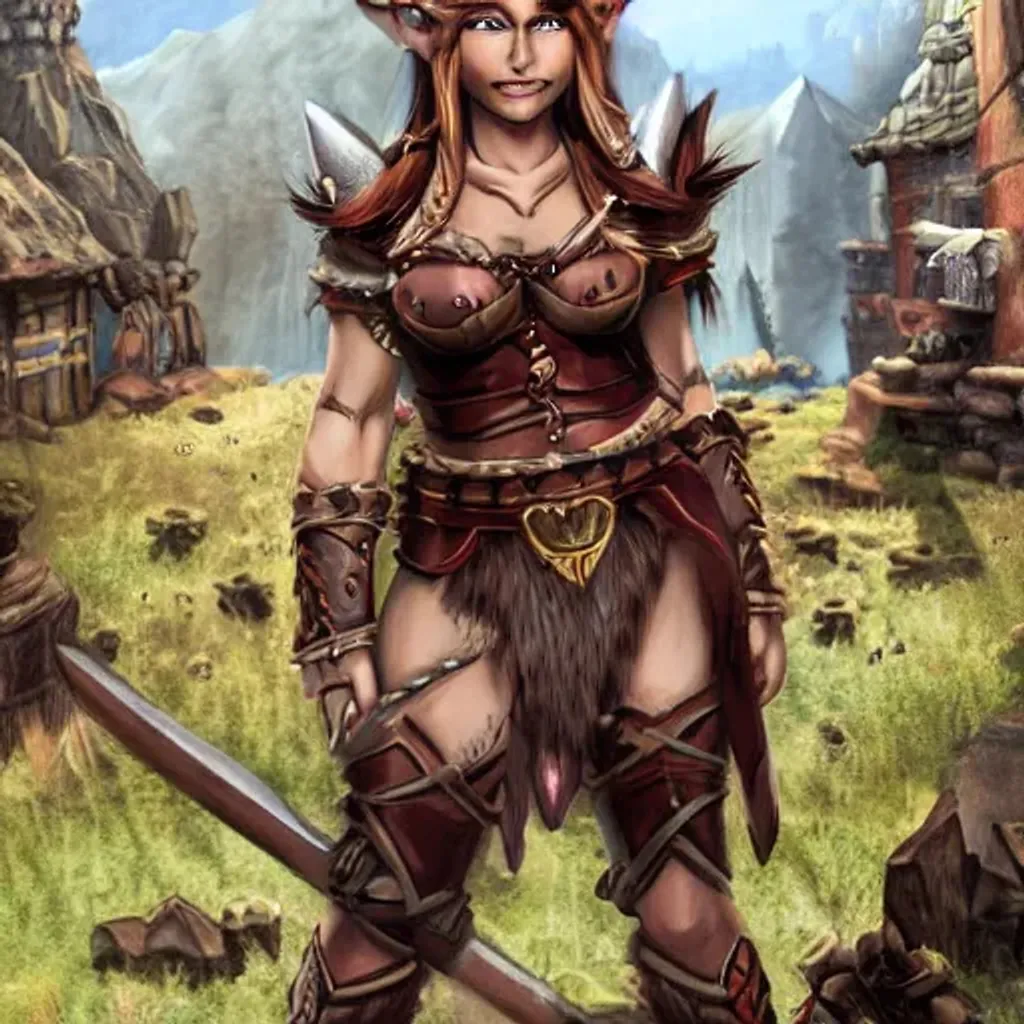 Prompt: Female elf barbarian lioncloth rading a town