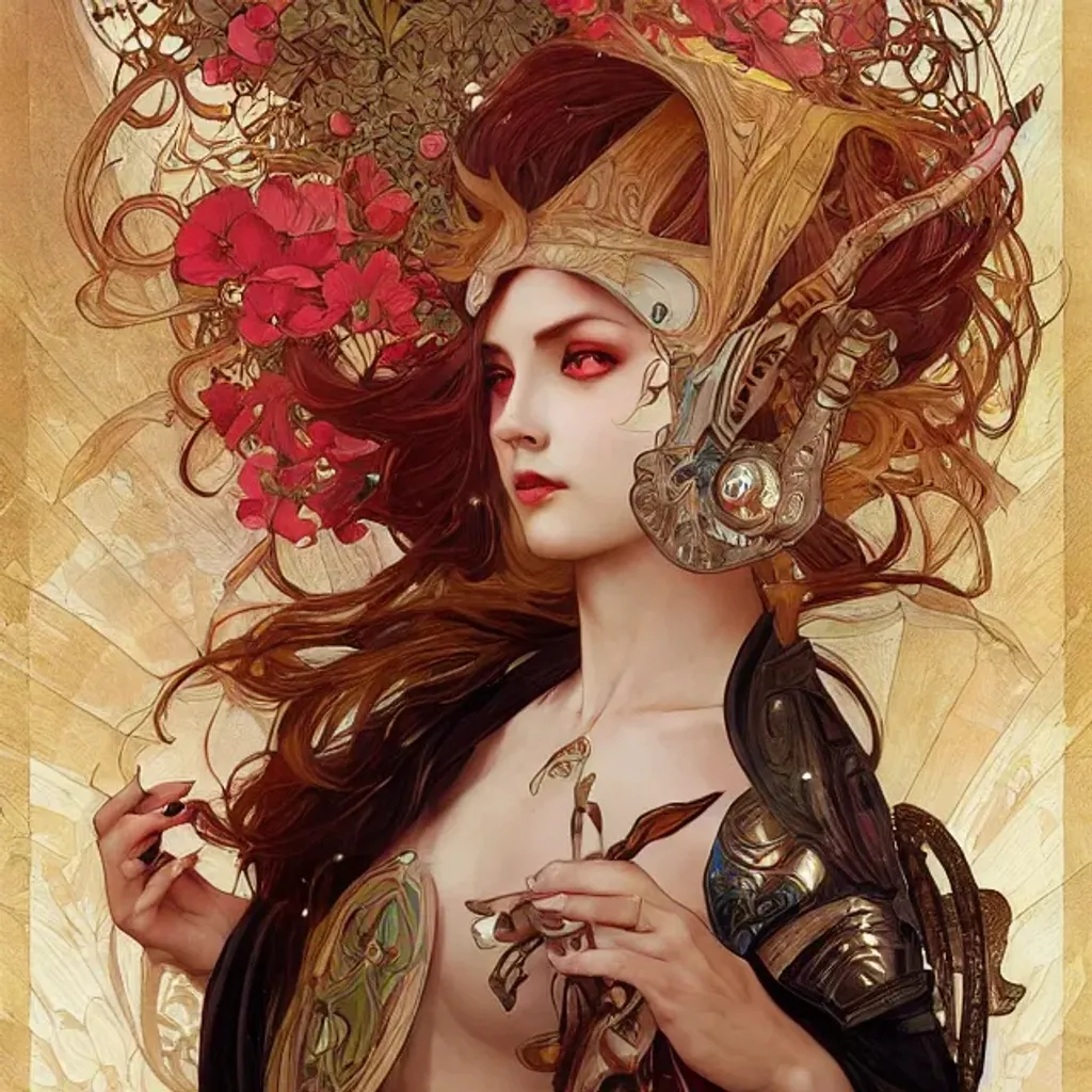 Prompt: Beautiful female warrior by Anna Dittmann and Alphonse Mucha. Clothed in knight dress. Incredibly detailed, maximalist matte painting. Colorful, hues of red, gold, black 8K resolution, HD, DSLR, polished, realistic oil painting. Mario Bros