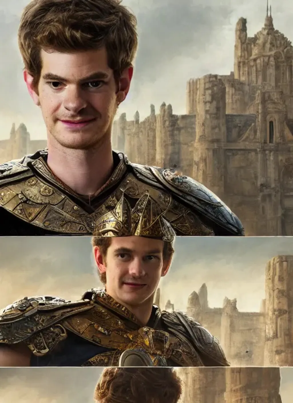 Prompt: Portrait of {Andrew Garfield as an warrior} with {brown} hair and with cute face, {ruined castile}, perfect composition, hyperrealistic, super detailed, 8k, high quality, trending art, trending on artstation, sharp focus, studio photo, intricate details, highly detailed, by greg rutkowski