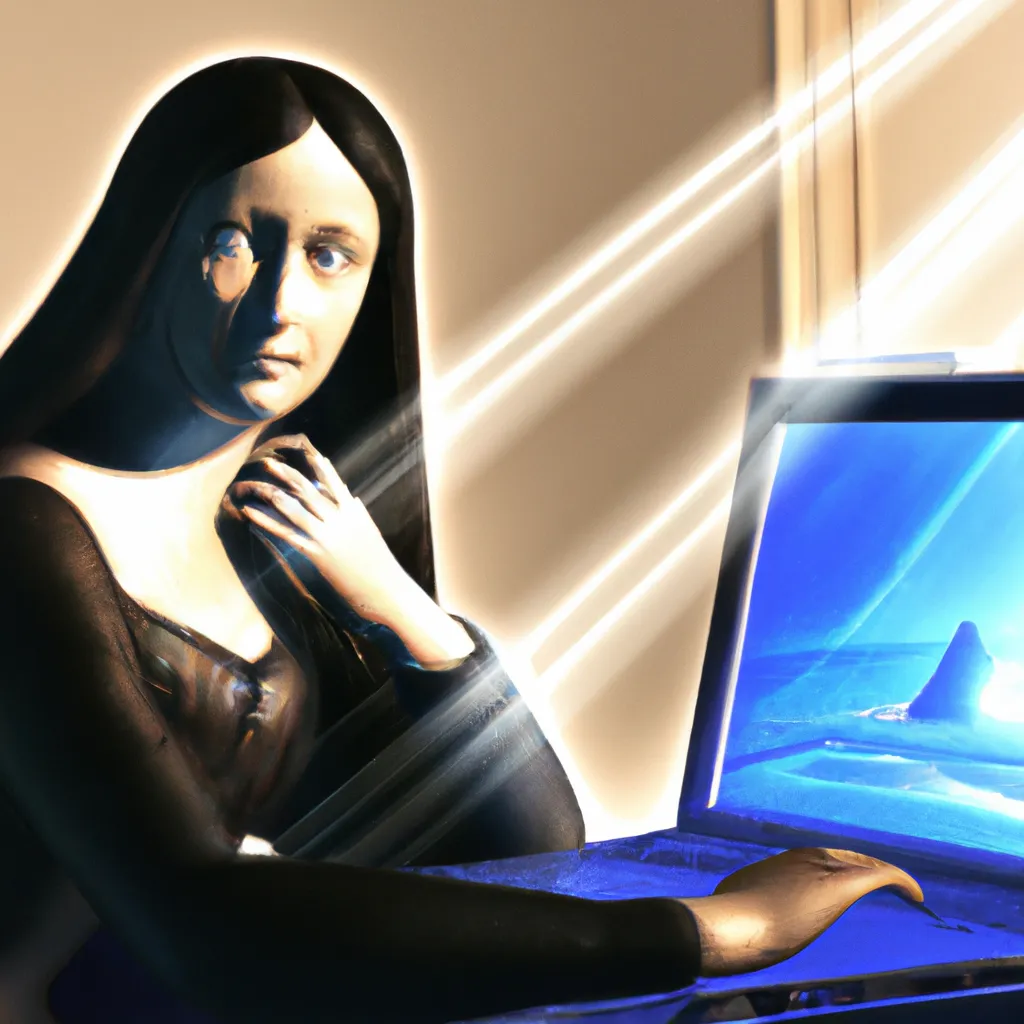 Prompt: Photo of the Mona Lisa working on a laptop, ray tracing, post processing