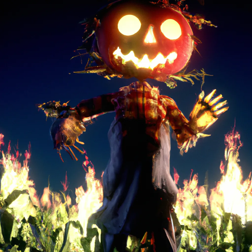 Prompt: A Jack-o-lantern scarecrow, on fire in a corn field at midnight, scary, intricate, highly detailed, character photography, incredible colored illustration, exquisite detail, octane render, 8k, unreal engine 5, post-processing